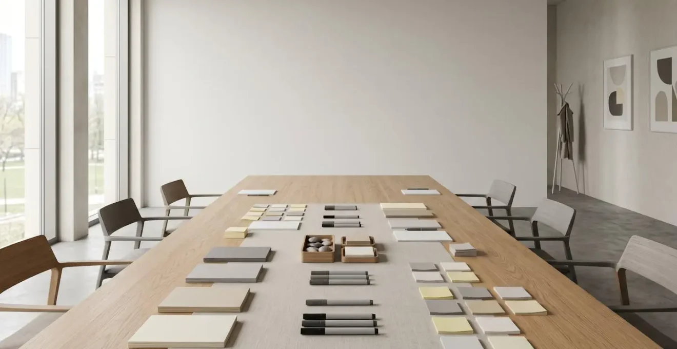Symbolische Darstellung eines strategischen Entscheidungsprozesses in einem minimalistischen Workshop-Raum