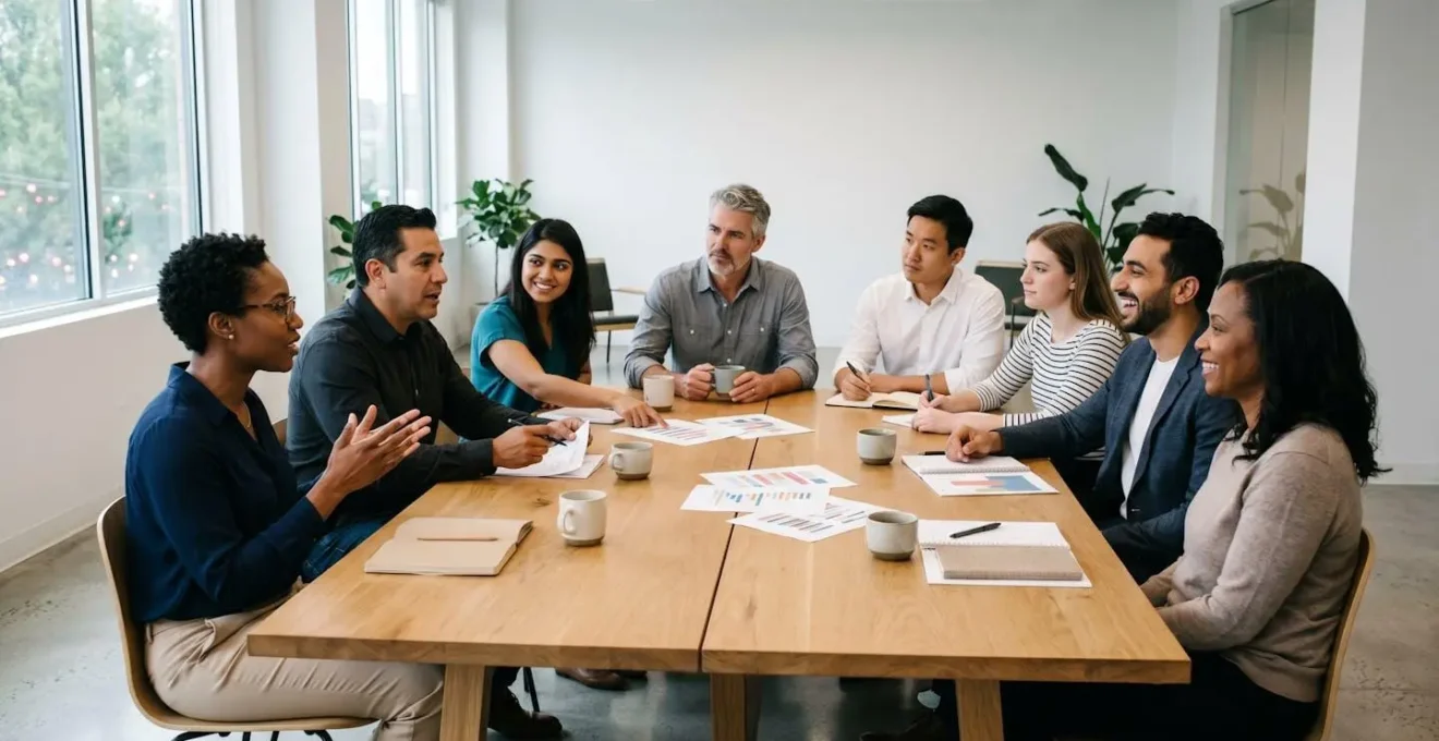 Multifunktionales Team bei strategischer Planungssitzung mit Notizen und Materialien