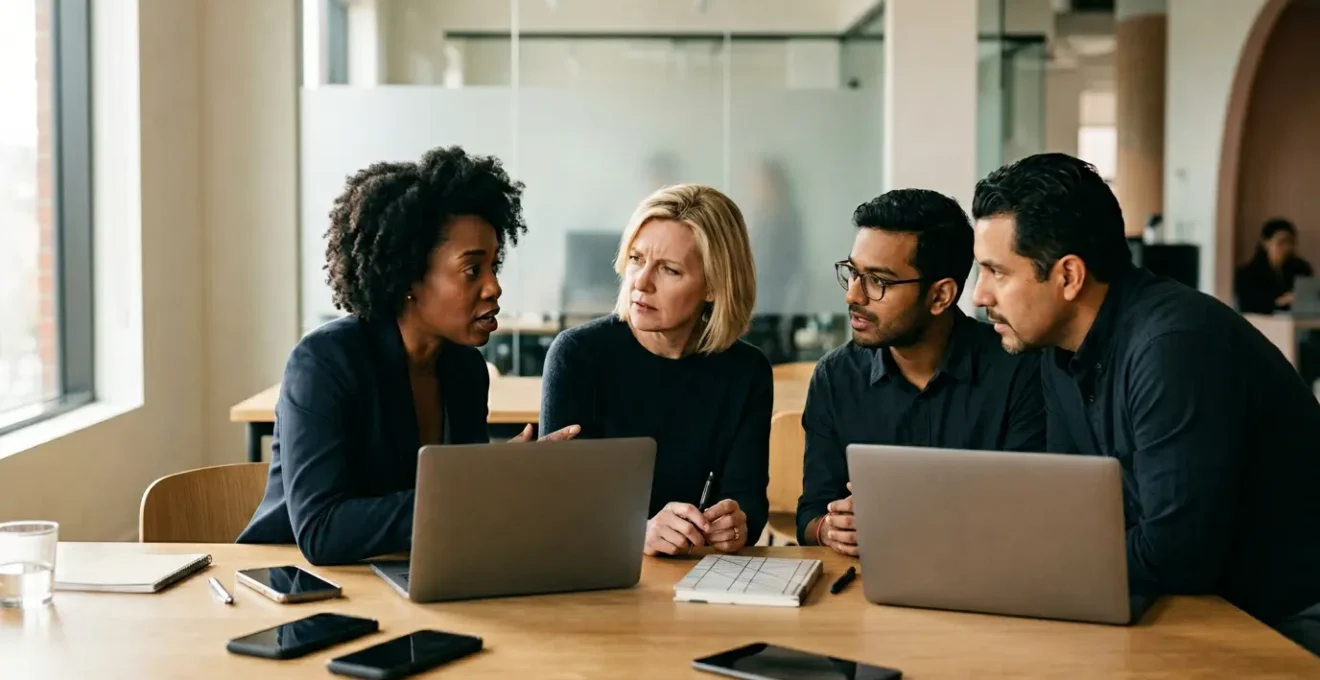 Professionelles Krisenkommunikationsszenario in modernem Bueroumfeld mit authentischer Arbeitsatmosphaere