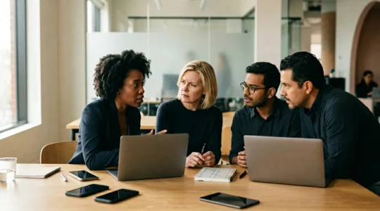 Professionelles Krisenkommunikationsszenario in modernem Bueroumfeld mit authentischer Arbeitsatmosphaere