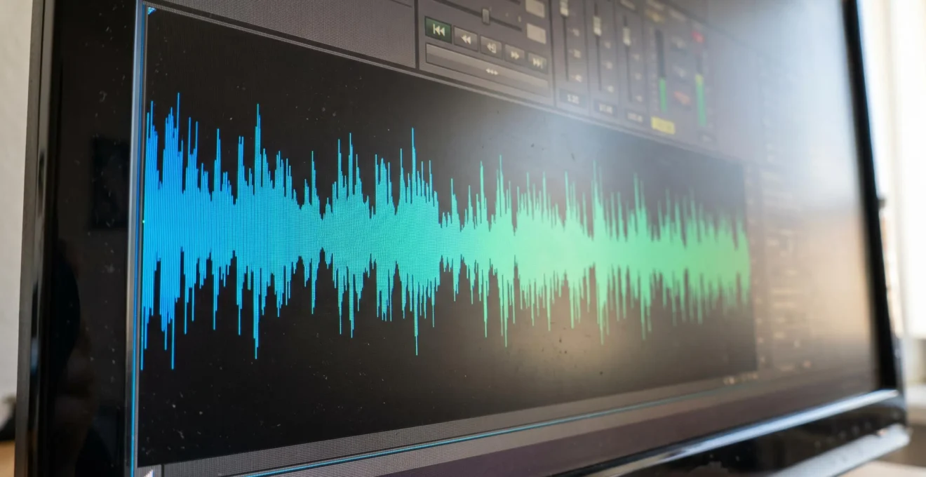 Extreme Nahaufnahme einer Audio-Wellenform-Visualisierung auf einem modernen Bildschirm mit farbiger Spektralanalyse in Blau- und Grüntönen
