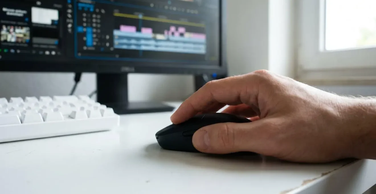 Nahaufnahme einer Hand, die eine Computermaus bedient und auf einer unscharfen Benutzeroberfläche eines Videoschnittprogramms klickt, mit teilweise sichtbarer Tastatur im Hintergrund