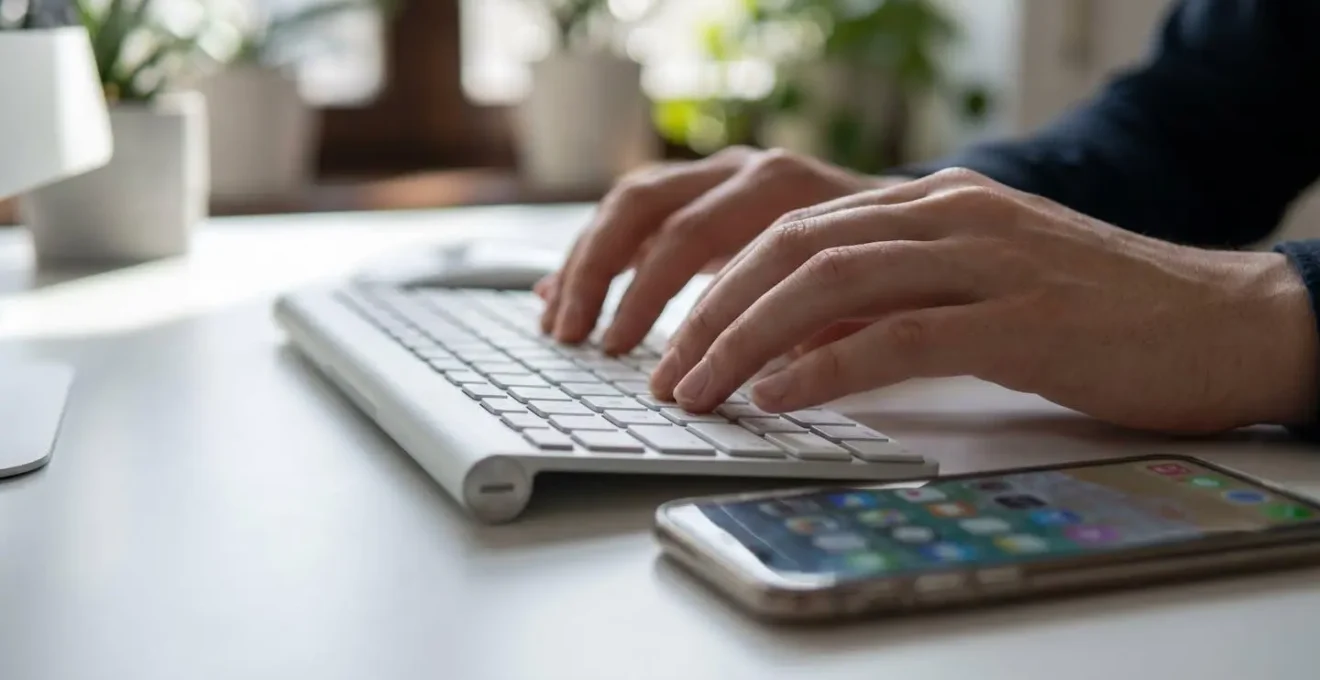 Nahaufnahme von professionellen Händen, die auf einer modernen kabellosen Tastatur tippen, daneben liegt ein zeitgenössisches Smartphone auf einer sauberen weissen Schreibtischoberfläche