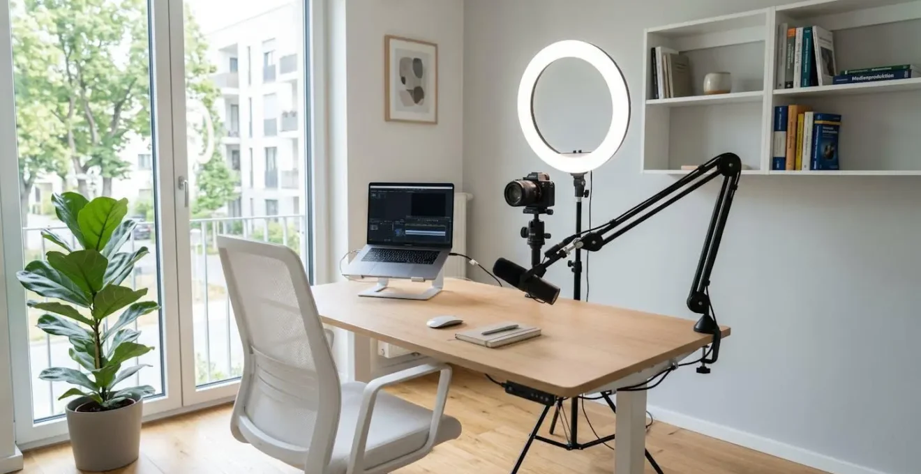 Minimalistisches Video-Recording-Setup mit Ringleuchte und professionellem Mikrofon auf aufgeräumtem Schreibtisch in hellem Home-Office