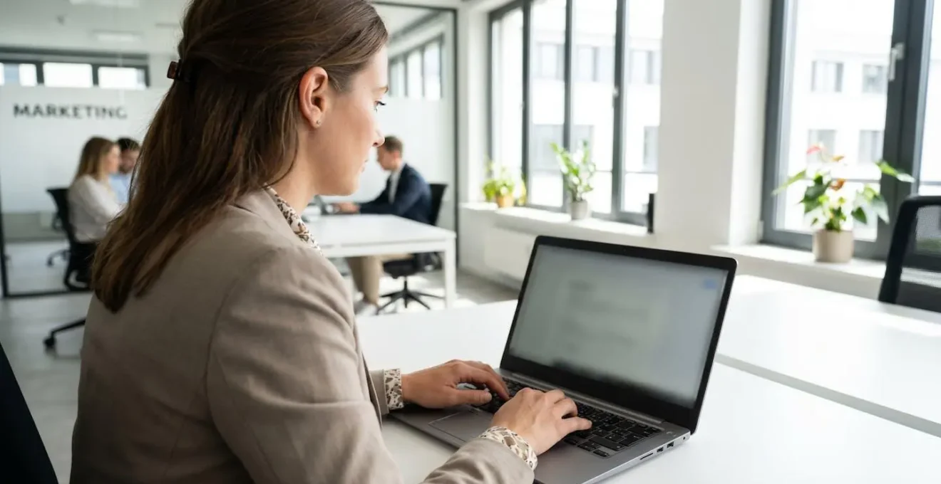 Ein Marketing-Manager arbeitet an einem Laptop in einem hellen, modernen Büro und blickt konzentriert auf den Bildschirm, während er Videomaterial bearbeitet