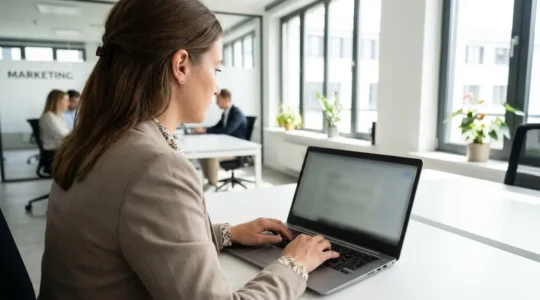Ein Marketing-Manager arbeitet an einem Laptop in einem hellen, modernen Büro und blickt konzentriert auf den Bildschirm, während er Videomaterial bearbeitet
