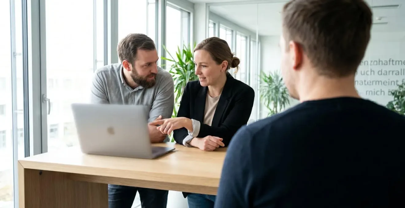 Zwei Marketing-Profis arbeiten gemeinsam an einem modernen minimalistischen Schreibtisch in einem hellen, zeitgenössischen Büro und zeigen auf einen Laptop-Bildschirm