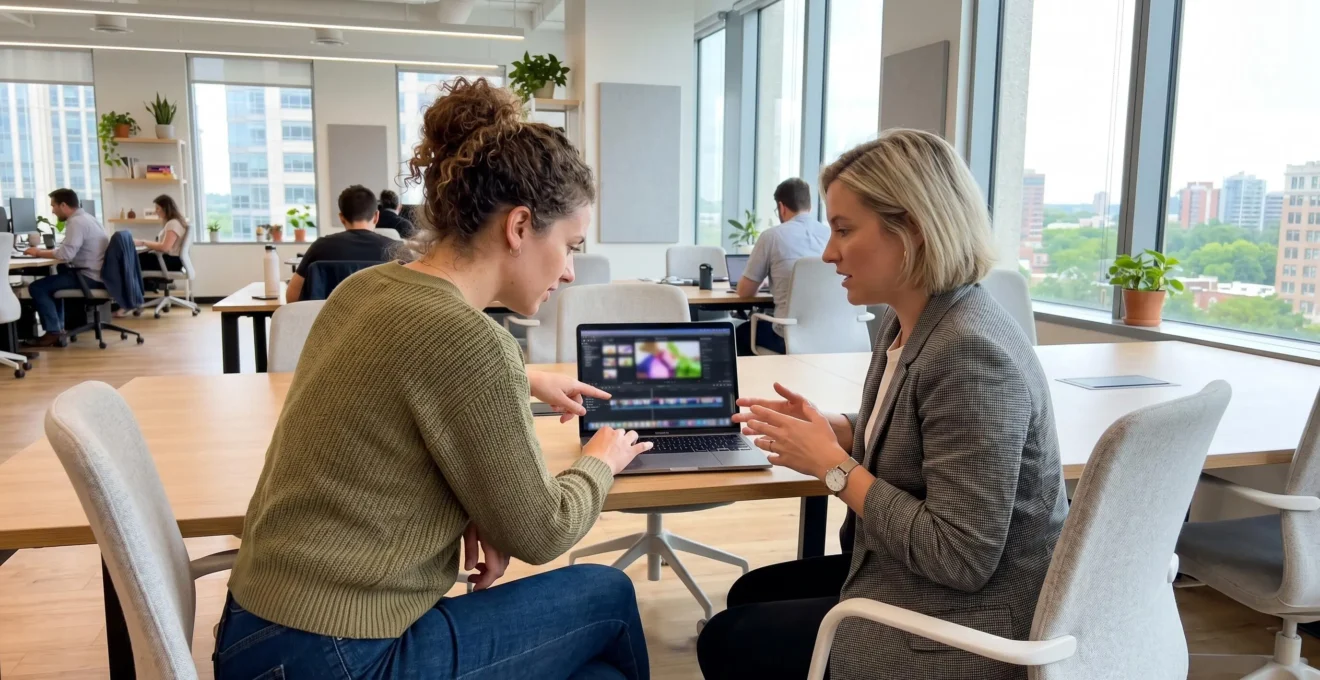 Zwei Marketing-Fachleute arbeiten gemeinsam an einem Laptop in einem hellen modernen Büro und überprüfen Videoinhalte auf dem Bildschirm