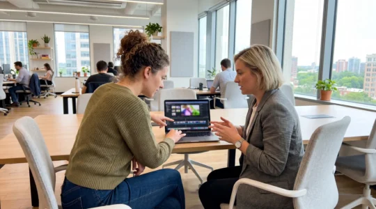 Zwei Marketing-Fachleute arbeiten gemeinsam an einem Laptop in einem hellen modernen Büro und überprüfen Videoinhalte auf dem Bildschirm