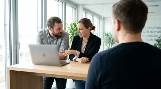 Zwei Marketing-Profis arbeiten gemeinsam an einem modernen minimalistischen Schreibtisch in einem hellen, zeitgenössischen Büro und zeigen auf einen Laptop-Bildschirm
