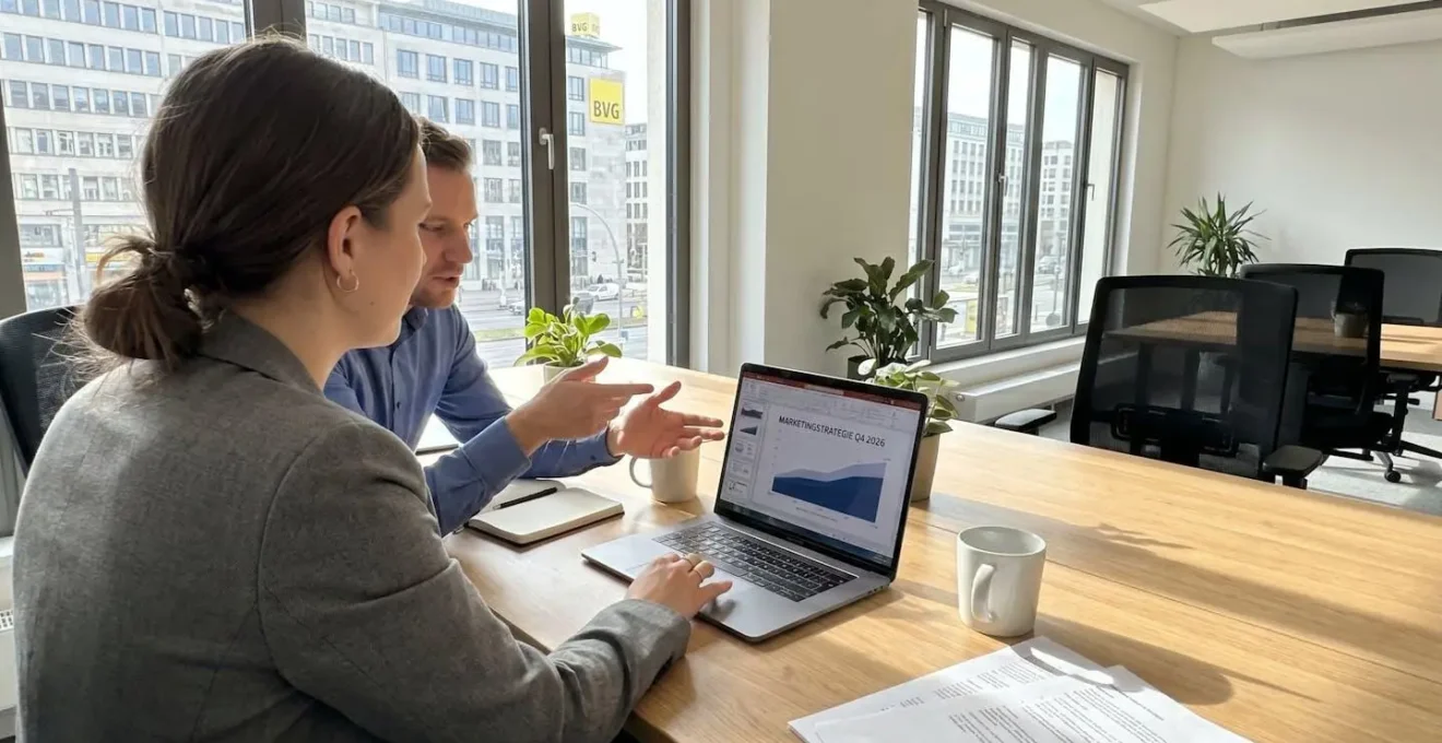 Zwei Marketing-Fachkräfte arbeiten gemeinsam an einem Laptop in einem hellen, modernen Büro
