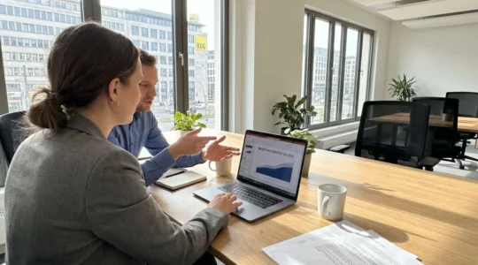 Zwei Marketing-Fachkräfte arbeiten gemeinsam an einem Laptop in einem hellen, modernen Büro