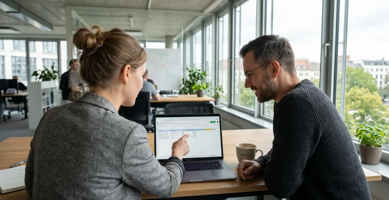 Zwei Marketing-Profis betrachten gemeinsam einen Laptop-Bildschirm in hellem, modernem Büro während einer Besprechung zur Content-Strategie
