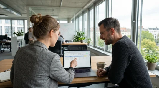 Zwei Marketing-Profis betrachten gemeinsam einen Laptop-Bildschirm in hellem, modernem Büro während einer Besprechung zur Content-Strategie