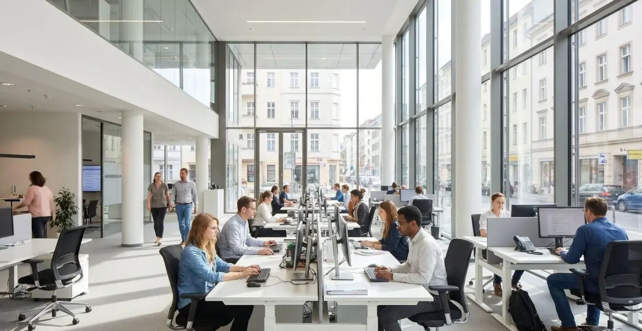 Weitwinkelaufnahme eines modernen deutschen Büros mit mehreren Arbeitsplätzen, grossen Fenstern und zeitgenössischem Design