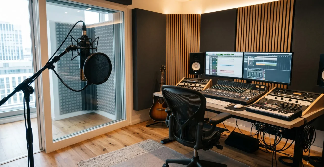 Professionelles Aufnahmestudio mit Mikrofon und Akustikpaneelen, leerer Stuhl vor dem Mikrofon in warmer Atmosphäre