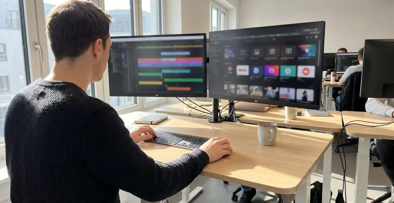 Ein Marketing-Profi von hinten fotografiert, der an einem modernen Stehschreibtisch mit zwei Monitoren in einem hellen, zeitgenössischen Büro arbeitet