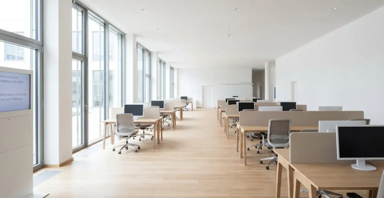 Weitwinkelaufnahme eines modernen, lichtdurchfluteten Büros mit mehreren Arbeitsplätzen, grossen Fenstern und minimalistischem Design ohne Personen im Vordergrund